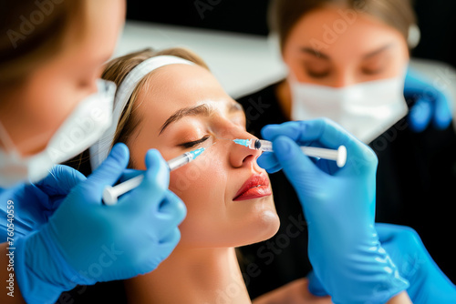 Medical professionals performing a cosmetic botox injection on a woman's face in a clinical setting.