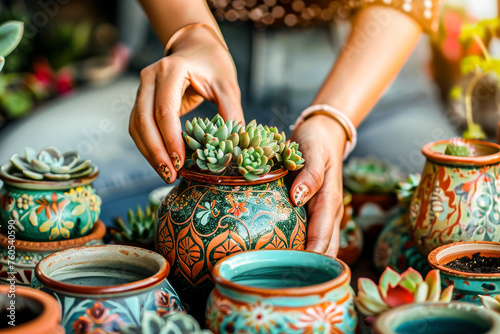 Person planting a succulent in a vibrant hand-painted terracotta pot, surrounded by colorful pottery.