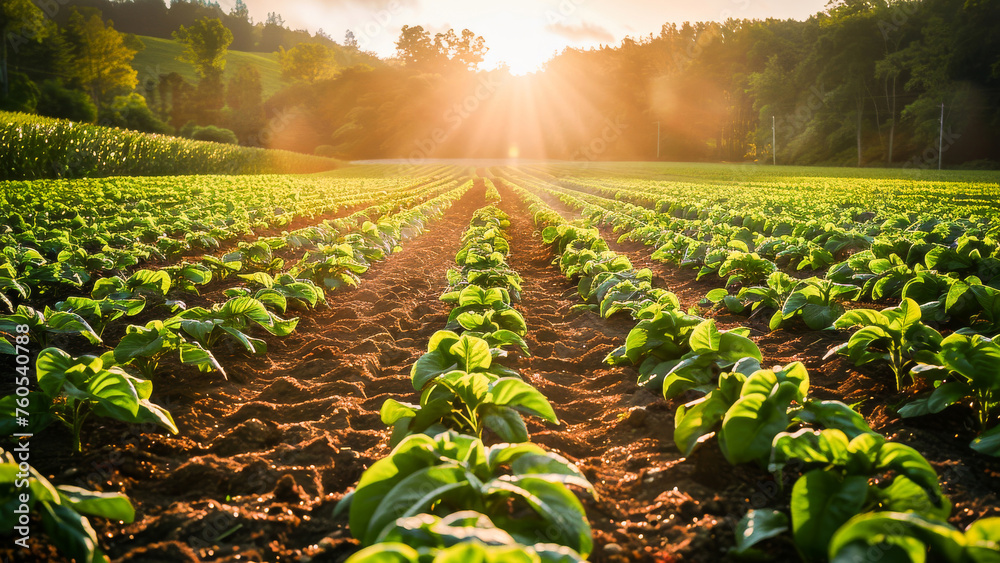 Φωτογραφία Sunset over a lush green agricultural field with rows of plants and a warm sun casting light across the farmland