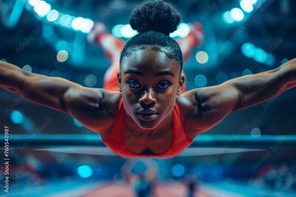 Wide-angle shot of a professional gymnast performing a balance beam routine during a competition
 - obrazy, fototapety, plakaty 