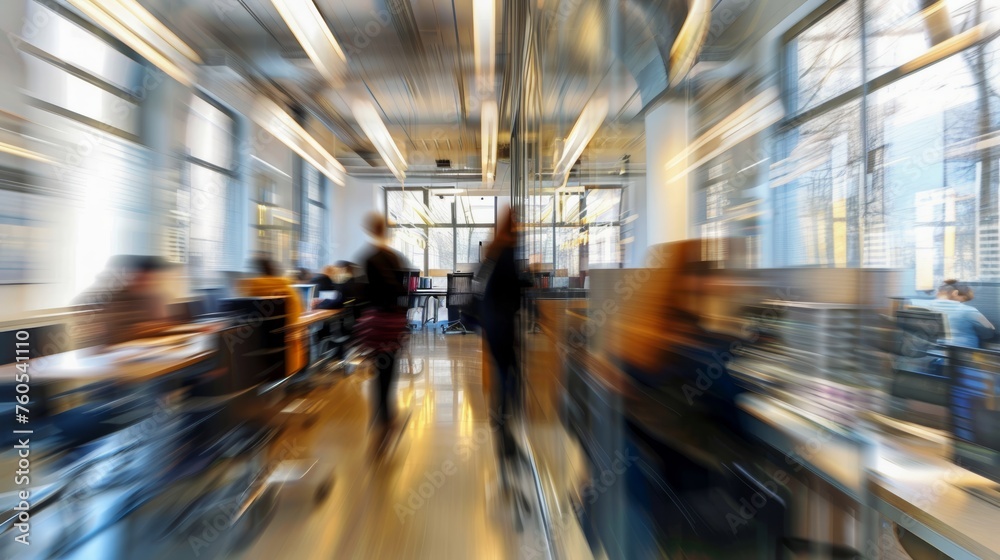 Dynamic scene in fast-paced office setting reflecting the busy world of business with motion blur effect