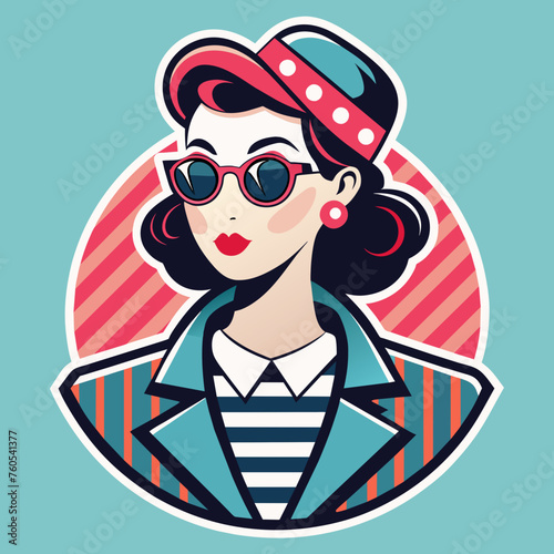 Craft a retro-inspired t-shirt sticker featuring a stylish silhouette of a vintage fashionista adorned in classic attire