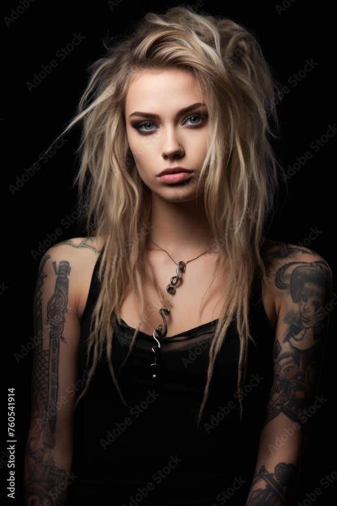 a spanish young-woman with pink dreadlocks, facial piercings and tattoos, urban setting
