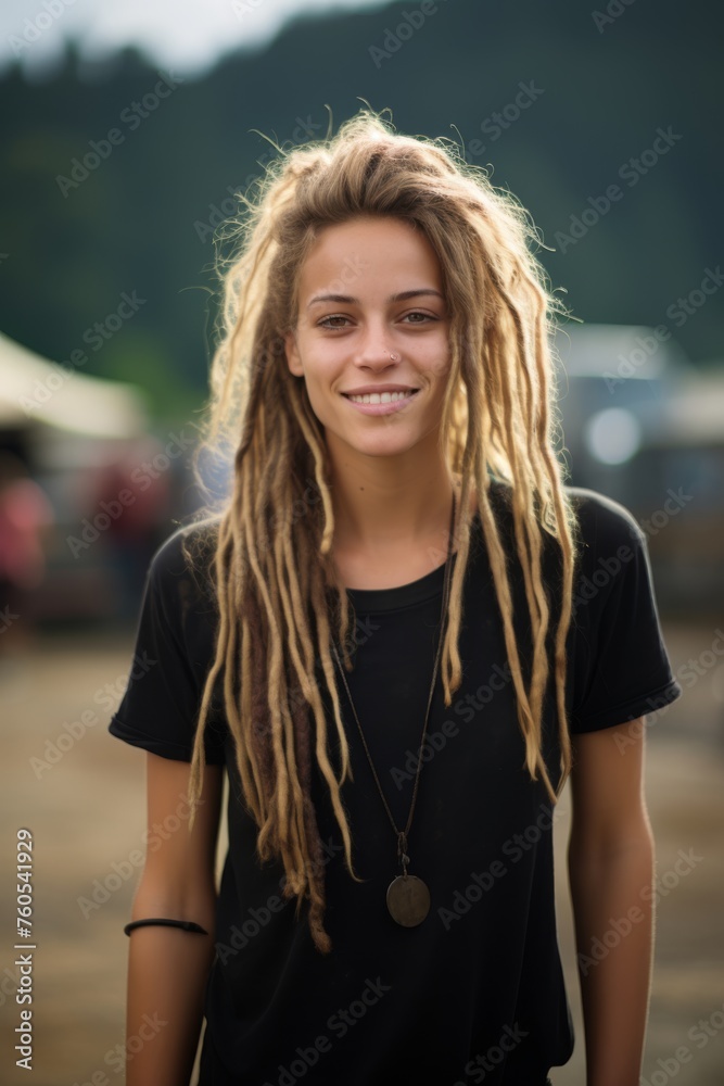 a spanish young-woman with pink dreadlocks, facial piercings and tattoos, urban setting
