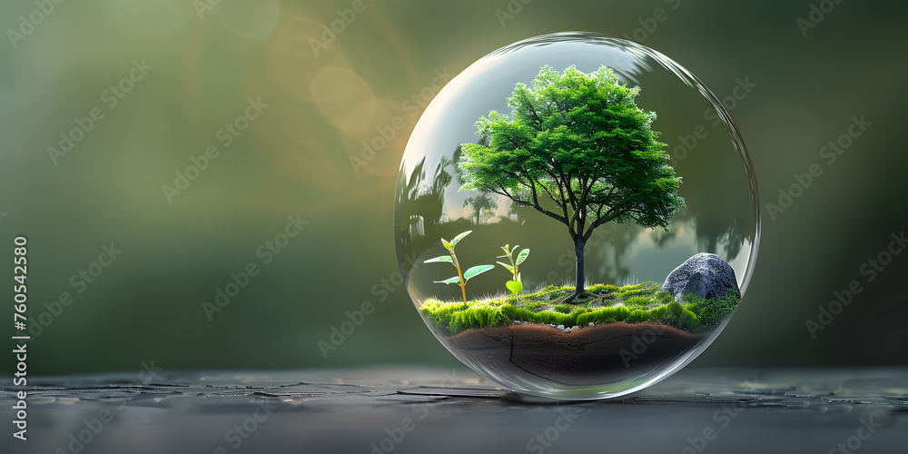 Crystal ball with green tree on nature background. 3d illustration.A Glimpse of Nature’s Beauty: Tree Encased in Crystal Sphere Amidst Serene Landscape