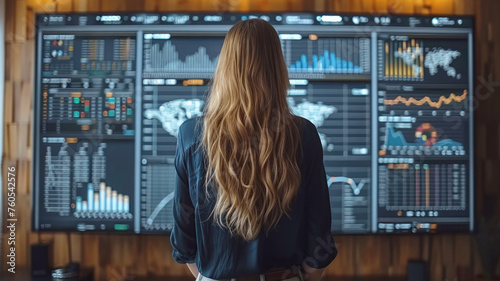 Back view of a businesswoman in front of professional key performance indicator KPI metrics dashboard with screens and charts for sales. A trader or investor looks at stock quotes.
