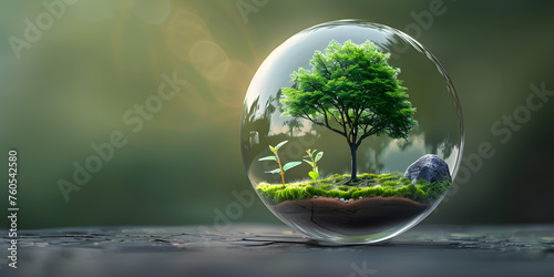 Crystal ball with green tree on nature background. 3d illustration.A Glimpse of Nature’s Beauty: Tree Encased in Crystal Sphere Amidst Serene Landscape