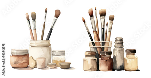 Assorted paintbrushes in jars with pigments photo