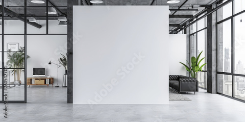 White blank wall in a modern office interior with glass doors and windows, mockup template,banner photo
