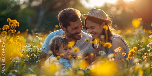A family of three, a man, a woman and a child, are sitting in a field of yellow flowers