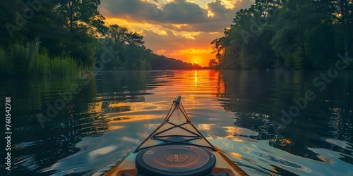 A kayak is in the water with the sun setting in the background © Wuttichai