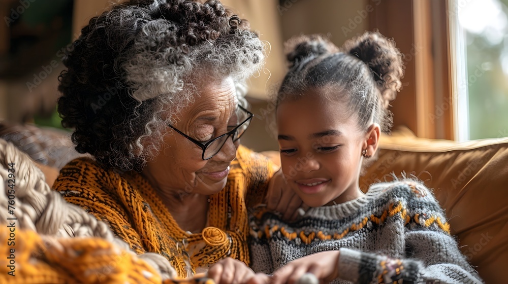 Obraz premium An older woman and a young girl are sitting on a couch