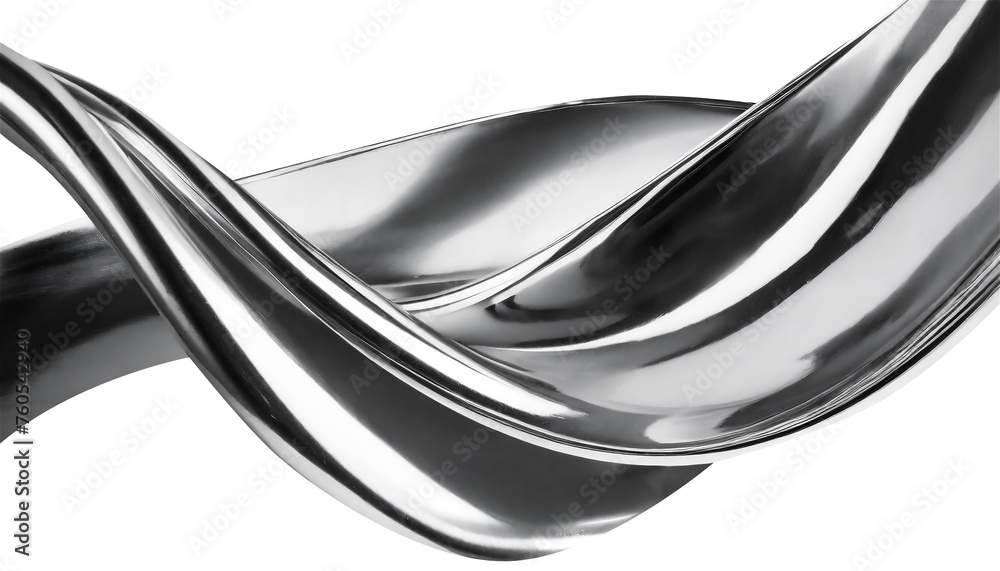 Naklejka premium Abstract fluid metal bent form. Metallic shiny curved wave in motion. Cut out design element steel texture effect.