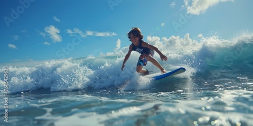 A young boy is surfing on a wave in the ocean. Concept of excitement and adventure