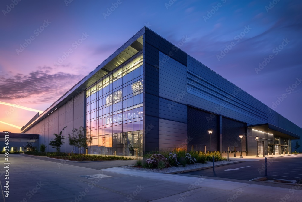 Wide-angle shot of the exterior of the weapons factory at dusk
