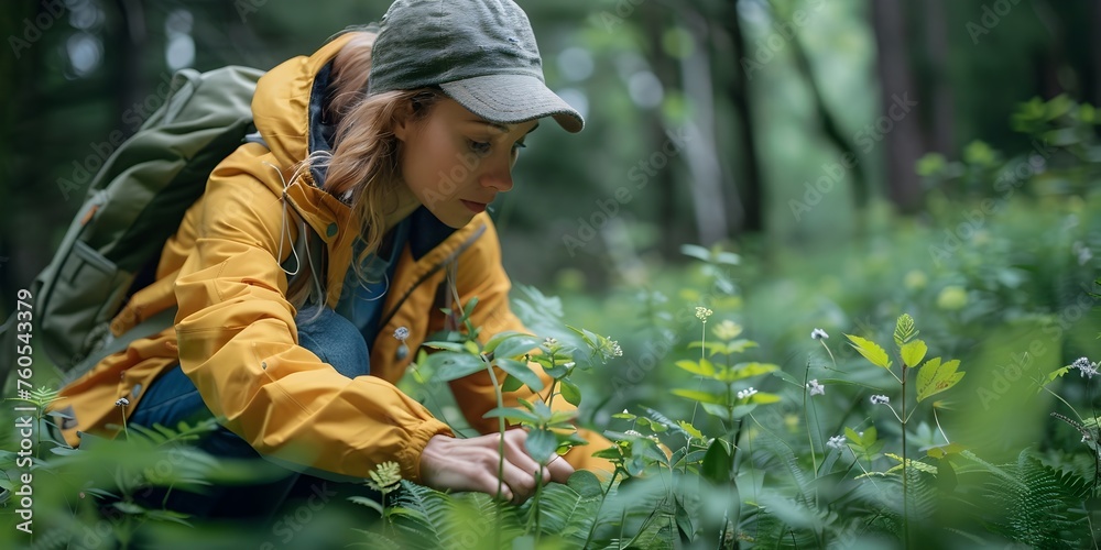 A woman in a yellow jacket is looking at some plants in the woods