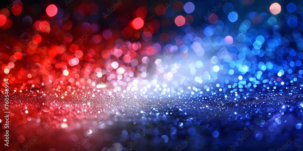Abstract red white and blue glitter background with bokeh lights, red blue glitter sparkle on dark background, blue red  circle bokeh, defocused, banner - obrazy, fototapety, plakaty 