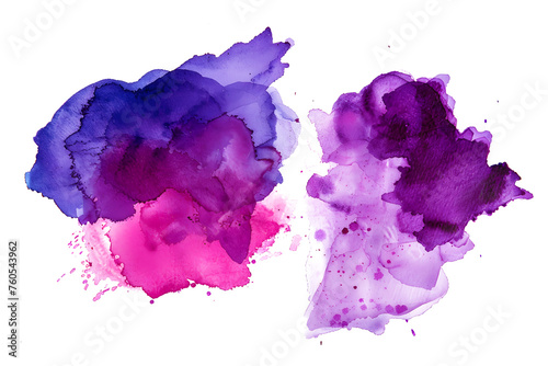 Violet and magenta watercolor splotches and splatters on white background.