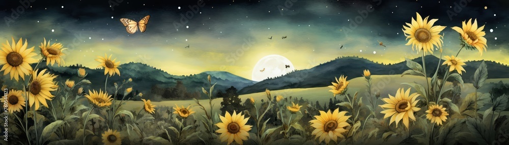 Moonflower and grasshoppers cycling tonal contrast watercolors illuminate sunflower fields - obrazy, fototapety, plakaty 