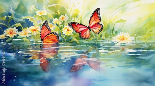 Gloriosa lily and cabbage white butterflies bask in sunbathing foreshortening in watercolors photo
