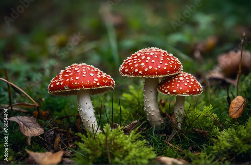 beautiful closeup of forest fly agaric mushrooms