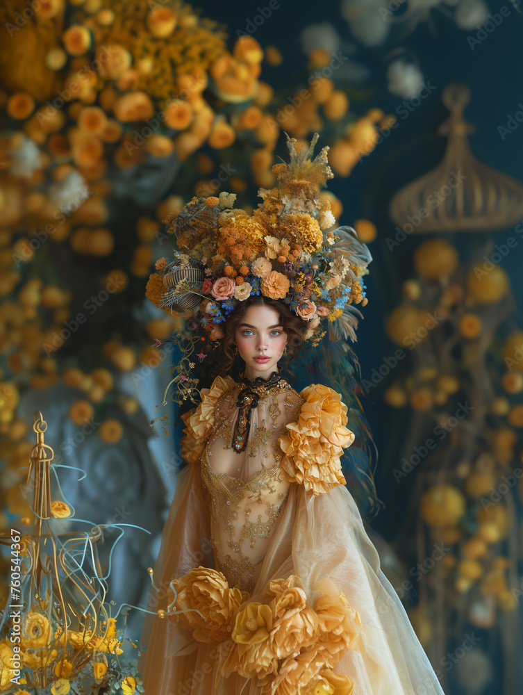 A young woman in a floral wreath with perfectly smooth skin, wearing yellow clothes. The surrounding environment is adorned with yellow flowers. Fashion portrait. Fashion magazine cover. Fashion
