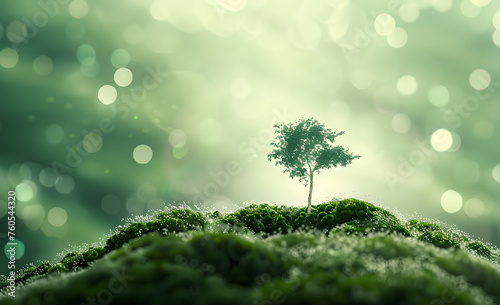 Tree on moss with bokeh background. Ecology and environment concept.Lone Tree Amidst Ethereal Morning Dew: A Serene Landscape Bathed in Soft Sunlight