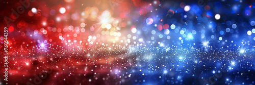 Abstract red white and blue glitter background with bokeh lights, red blue glitter sparkle on dark background, blue red circle bokeh, defocused, banner