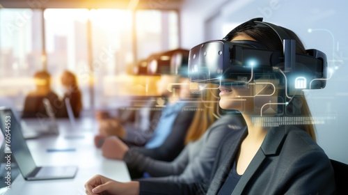 A virtual reality headset projecting diverse workplace scenarios, illustrating how AI enhances HR training programs for inclusive leadership