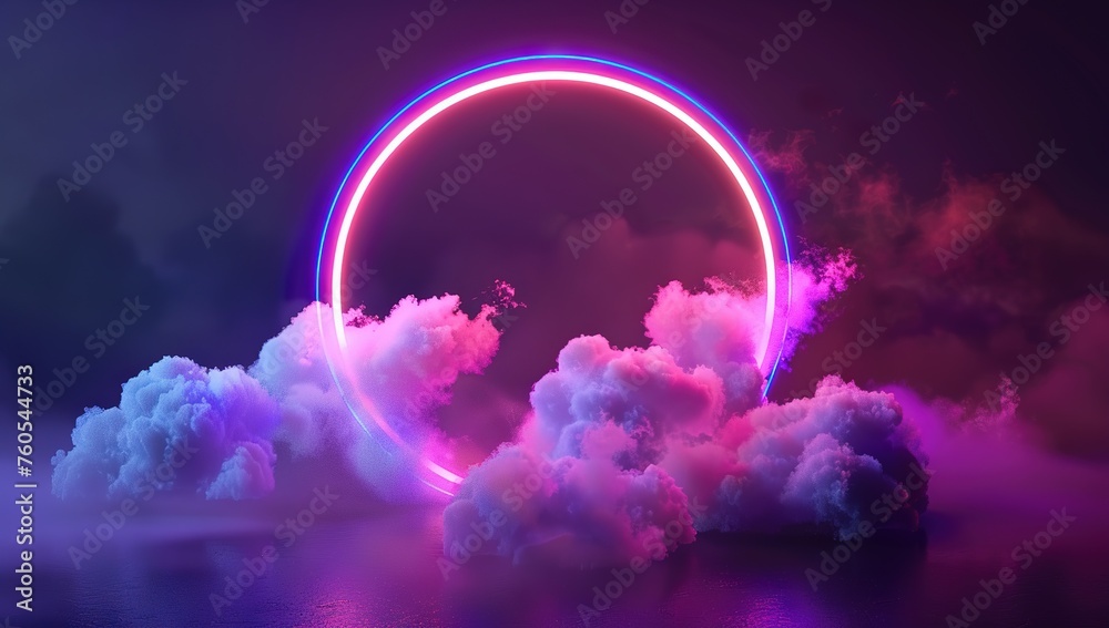 Cloud illuminated with neon magenta light ring on dark. Glowing round frame