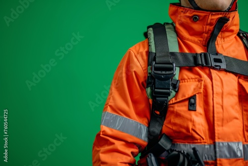 Close-up of a paramedic in emergency gear on a green background