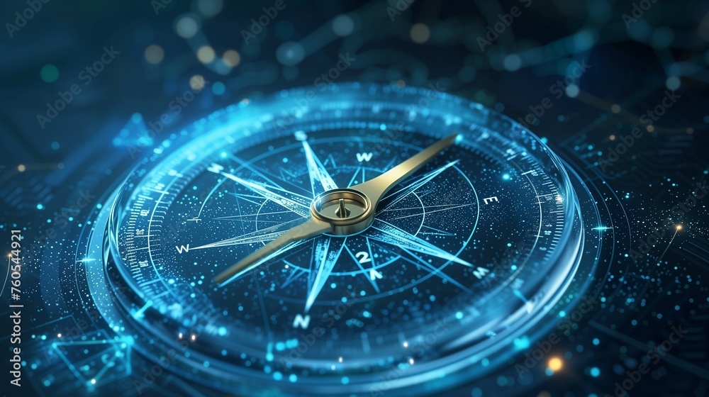A futuristic compass needle pointing towards the North Star of employee satisfaction, guided by the precision of AI-driven HR strategies - obrazy, fototapety, plakaty 