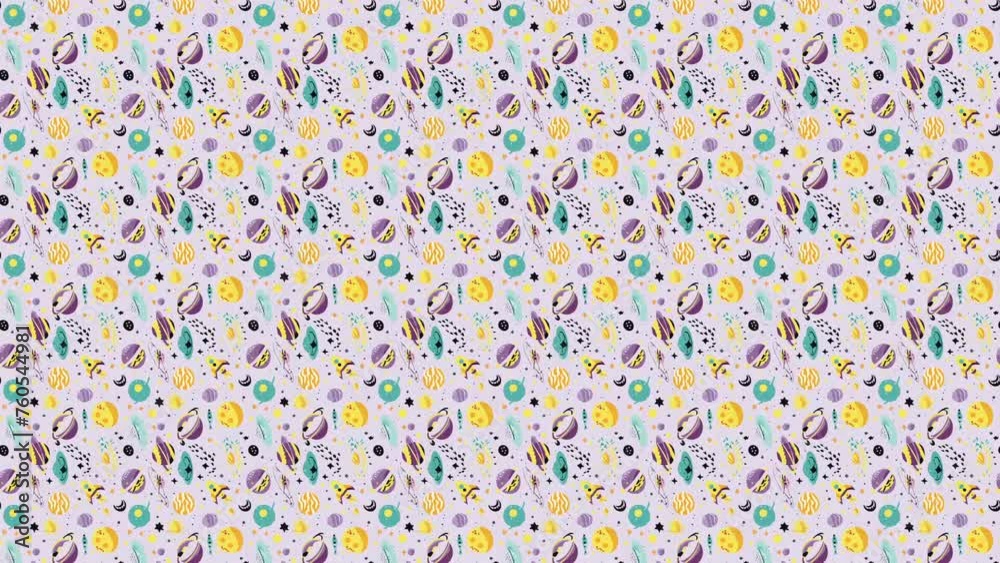 A seamless pattern of planets, stars, and rockets. Loop Background Animation A seamless pattern of planets, stars, and rockets. Loop Background Animation