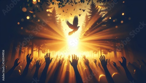 People lifting hands towards a mystical eagle soaring in rays of light in a forest, symbolizing hope and freedom.