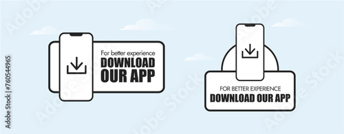 Download the app now. Download our app icons, labels with mobile device and download icon. Two labels or stickers for promoting downloading the app. Vector, PNG