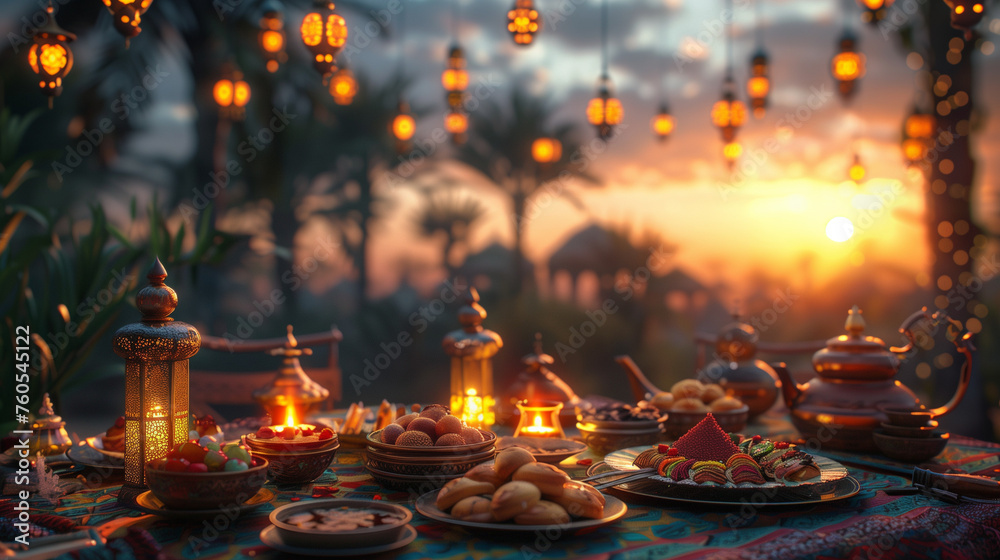 Variety of ramadan delicacies food, arranged with lantern on outdoor dining table.