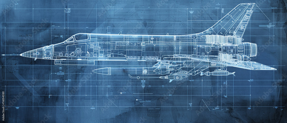 Wall-sized blueprint showcasing a state-of-the-art rocket-aircraft design - obrazy, fototapety, plakaty 