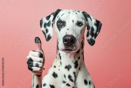 Dalmatian showing thumb up isolated on color solid background © Igor