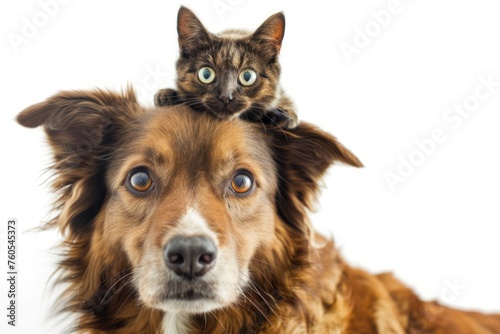 Dog with cat on top of its head. White Background