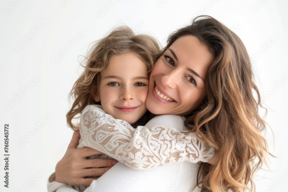 Mother and child on a white background embracing, Mothers day concept Mother and child on a white background embracing, Mothers day concept