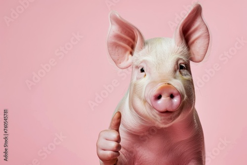 Pig showing thumb up isolated on color background