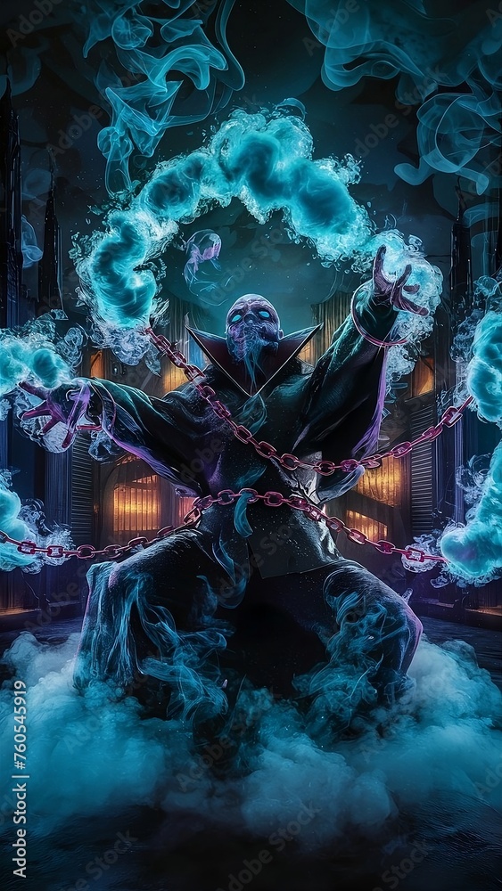 demon with chains blue smoke neon lights spell magic gothic, photo, cinematic, 3d render demon with chains blue smoke neon lights spell magic gothic, photo, cinematic, 3d render