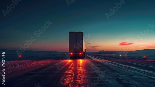 Happy truck driver transporting milk tanks on snowy road at dusk