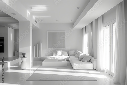 Bright sunlit modern lounge area with minimalist white decor