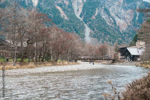 Scene of Kamikochi National Park, Kappa bashi bridge with Hotaka mountain and Azusa river, Nagano Prefecture, Japan. Landmark for tourists attraction. Japan Travel, Destination and Vacation concept photo