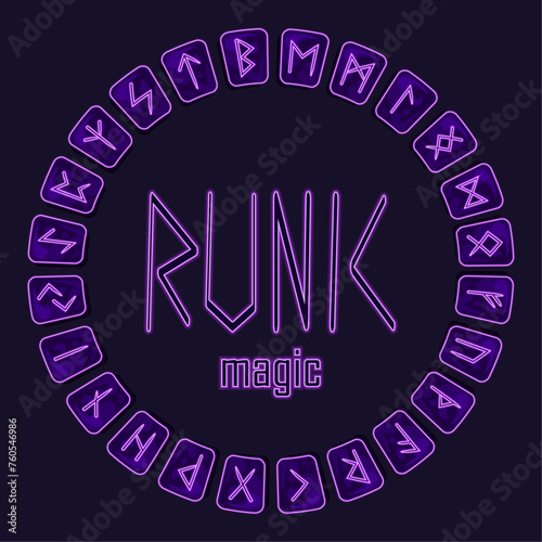 Neon RUNIC MAGIC  Scandinavian runes carved on stones. Stones. Magic, runic magic, fortune telling. Fehu, Uruz, Thurisaz, Ansuz, Raido, Kano, Gebo, Wunjo, Hagalaz, Nauthis, Isa, Jer, Eihwas, Perth