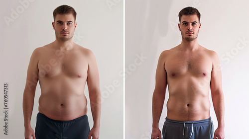 A man poses before and after weight loss. Diet and healthy nutrition. Fitness results, get fit. Liposuction results, plastic surgery. Transformation from fat to athlete. Overweight and slim, training