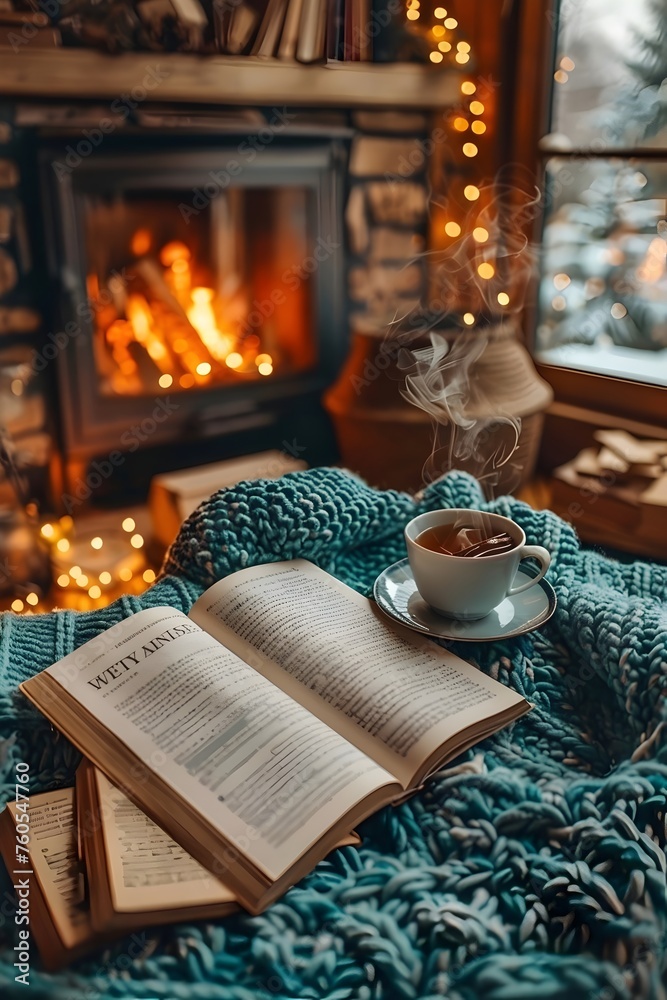 Cozy interior ambience with a fireplace and a small table with a book and a hot cup of coffee Cozy interior ambience with a fireplace and a small table with a book and a hot cup of coffee