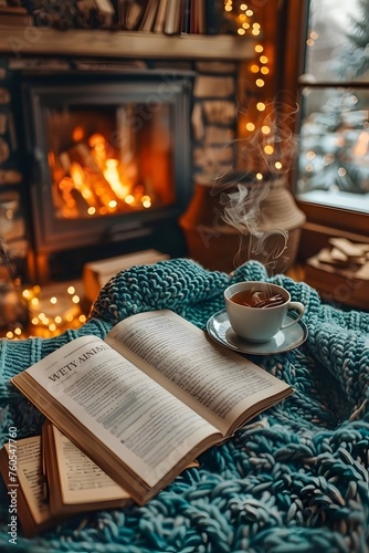Cozy interior ambience with a fireplace and a small table with a book and a hot cup of coffee