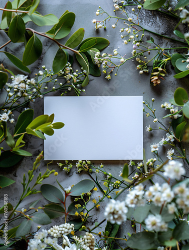 Assorted flowers surrounding white blank card. Flat lay composition with copy space. Springtime and Mother's Day concept for design and print. Floral mockup for invitation or greeting card